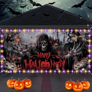 Halloween Garage Door Banner Cover with LED String Light Battery Box Outdoor Large Halloween Garage Door Decors Skull Ghosts Backdrop for Wall Door House Party Decor(Happy Halloween, 6x13ft)