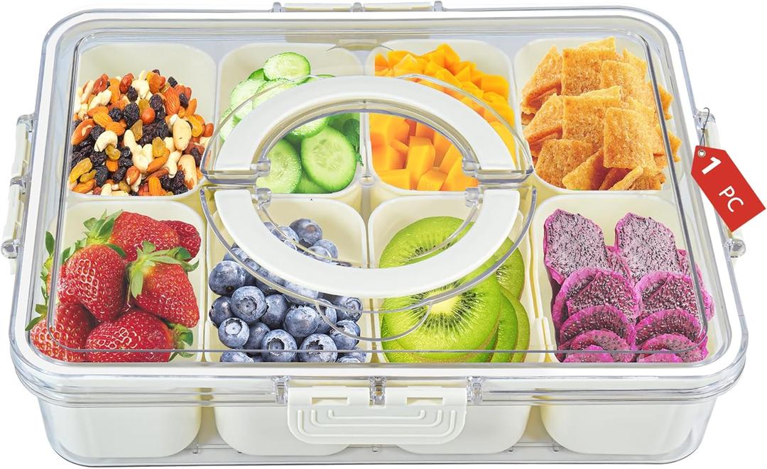 Peppry Snackle Box Charcuterie Container Divided Serving Tray with Lid and Handle Portable Snack Platters for Fruit Nuts Candy Entertaining Party Picnic(8 Compartments)