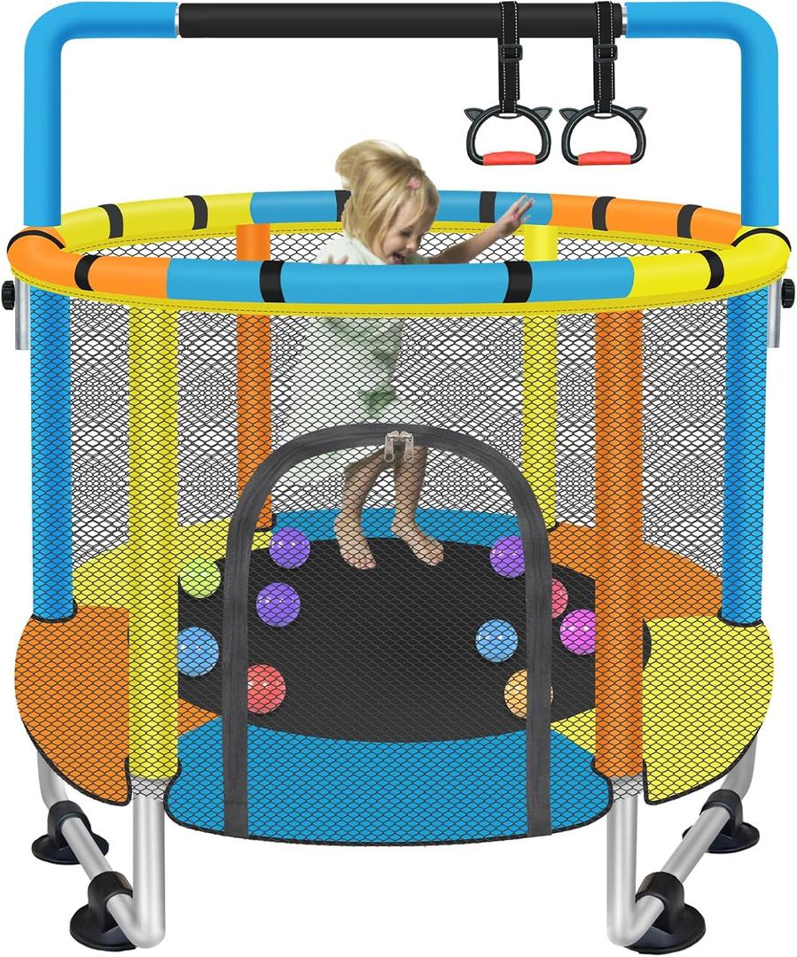 Toddler Trampoline for Kids Ages 1-8, 55'' Small Trampoline with Safety Enclosure Net & Adjustable Gymnastics Bar, Indoor & Outdoor Baby Mini Trampolines, Birthday Gifts for Children & Boys & Girls