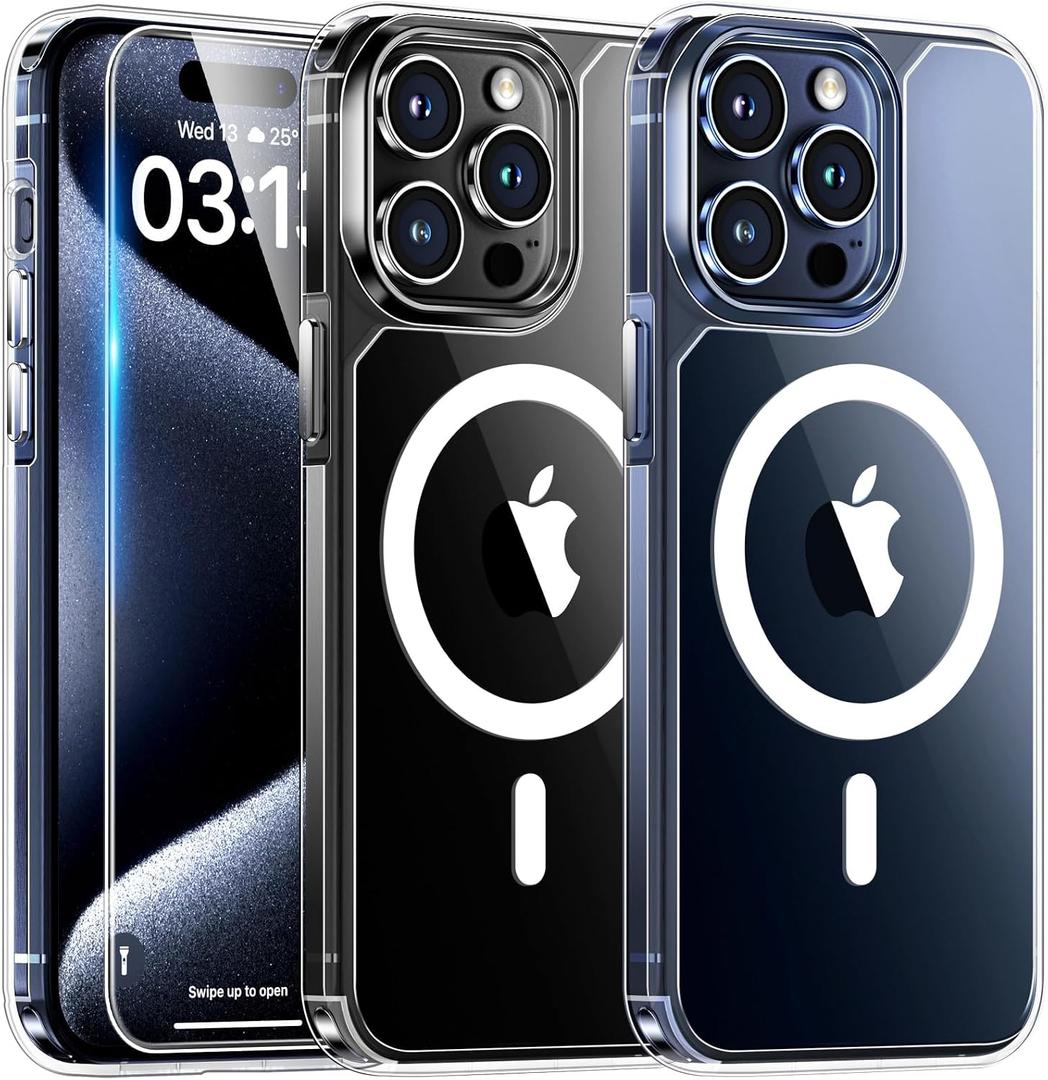 TAURI for iPhone 15 Pro Case, Compatible with MagSafe with Screen Protector, Anti-Yellowing Military-Grade Protection Shockproof Slim Magnetic Case for 15 Pro, Clear