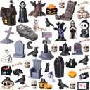 Geelin 48 Pcs Halloween Miniatures Figurines Village Mini Resin Halloween Village Ornaments Crafts Crow Horror Figurines Tombstones Skeleton Pumpkin Ghost for Party Favors, Tabletop Decor Gifts
