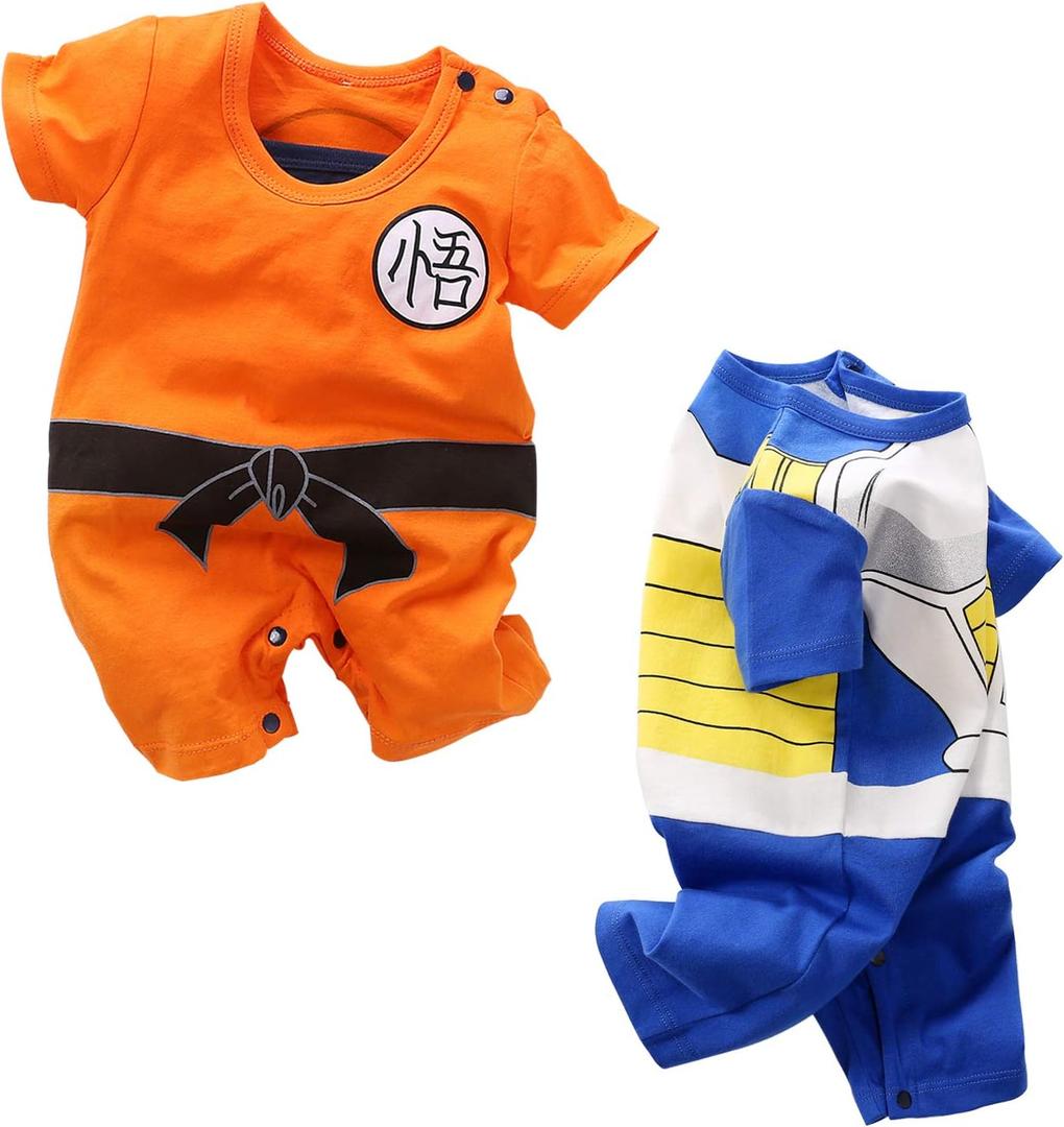 Baby Boys' 2 Pack Short Sleeve Romper Toddler Cartoon Onesie Outfits (3-6 Months, Orange/Blue)
