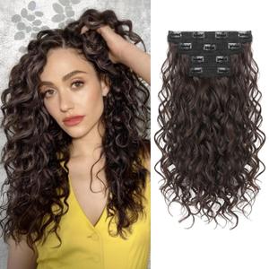 REECHO Curly Hair Extensions, 4PCS 16 inch Clip in Hair Extensions Lace Weft Short Curly Hair Extensions Clip Ins Invisible Natural Hairpieces for Women, Chocolate Brown