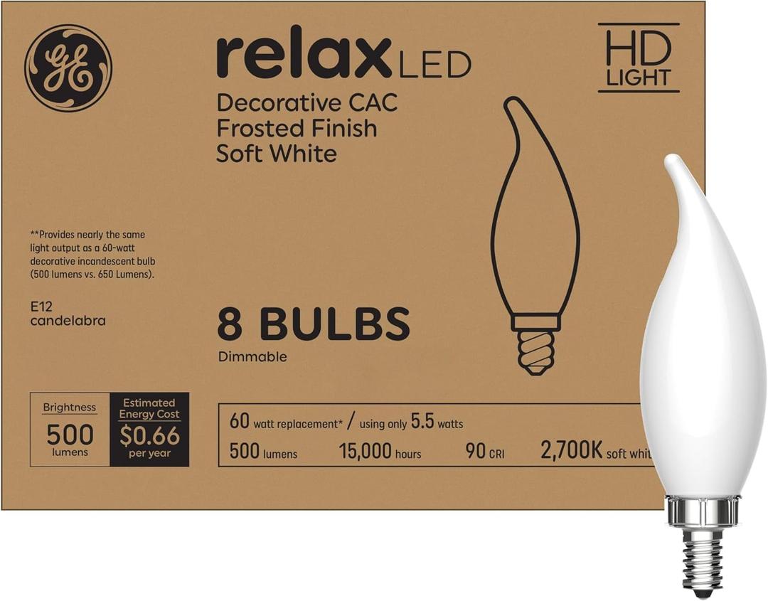 GE Relax LED Light Bulbs 60W, Soft White Candle Lights, Decorative Light Bulbs, Frosted, Small Base (8 Pack) (8 Count(Pack of 1))