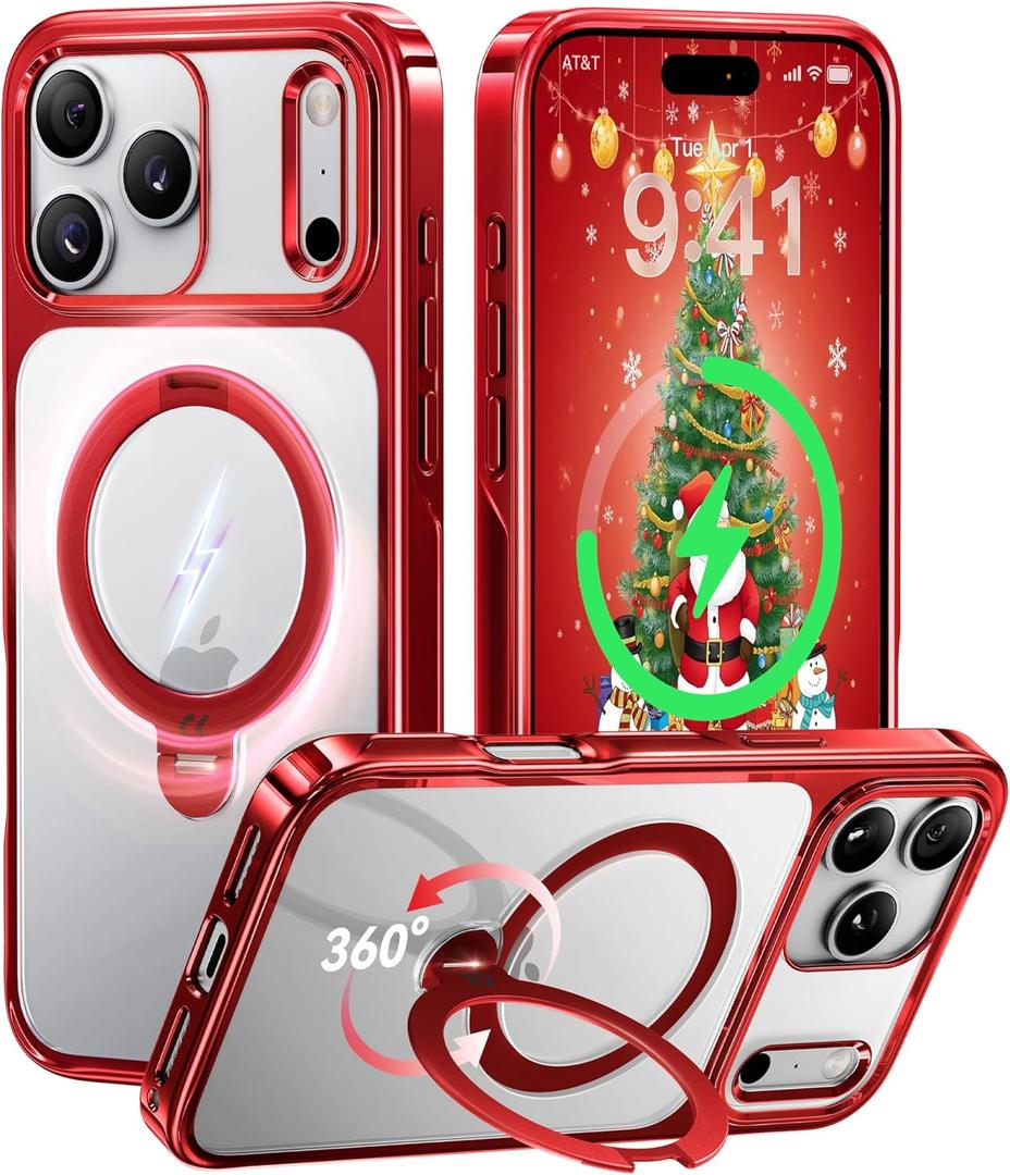 CASEKOO Christmas Merry Stand for iPhone 17 Pro Max Case [360 Spin Magnetic Kickstand][Fit for MagSafe][17FT Military Protection] Slim Polished Frame Titanium Alloy Sturdy Stand 6.9", Red