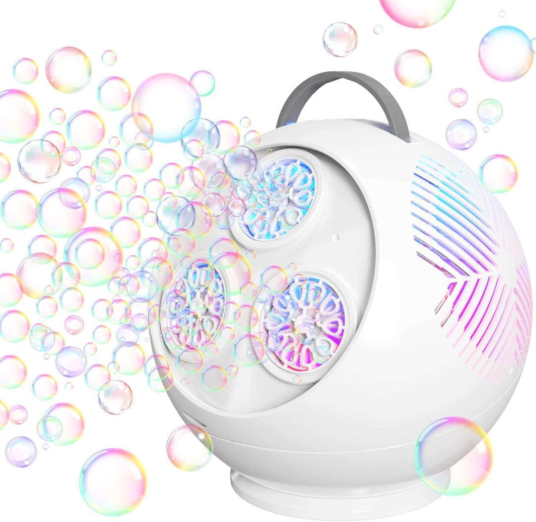 Bubble Machine for Kids Toddlers,45/360 Automatic Rotation Spherical Bubble Maker Toy with RGB Light,Rechargeable Type-C Charge Bubble Blower,Outdoor Wedding Party Birthday Gifts (White)