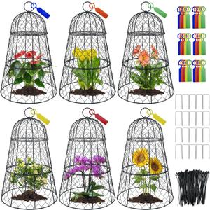 6 PCS 17.7"H X11.42"D Chicken Wire Plant Covers Protectors, Rustproof Heavy Duty Metal Plant Cage with Stakes & Labels, Modular Garden Cloches Design for Seedling Flower Vegetable Protect from Animals