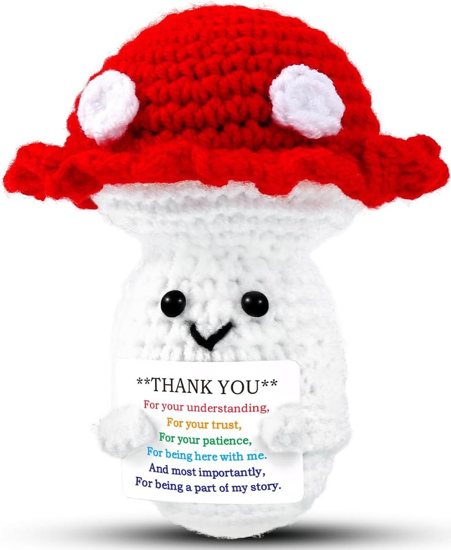 Positive Mushroom Gifts Love Support, Gifts for Her Him Friends Birthday Mother's Father's Day Wife Mom Dad Girlfriend, Crochet Mushroom Doll with Emotional Cards Cheer Up Desk Decors (Thank You)