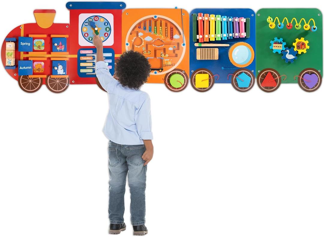 Train Activity Wall Busy Board Panels, 11-in-1 Wooden Sensory Wall Panel, 57 inches
