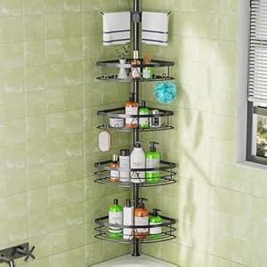 Dicasser Corner Shower Caddy - Tension Pole Rod Organizer, Floor to Ceiling 20-113 Inch, Adjustable Towel Rack Waterproof Rustproof, Black