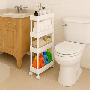 ShellKingdom 4 Tier Bathroom Storage Organizer, Toilet Paper Holder, Slim Rolling Storage Cart for Narrow Space with Handle, Mobile Shelving Unit for Bathroom, Kitchen, Laundry (White)