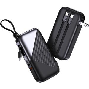 Portable Charger with Wall Plug 10000mAh Power Bank for iPhone 27W Portable Charger with Built in Cable Portable Phone Charger for iPhone 17/16/15, Samsung Android, Black