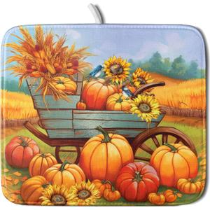 Thanksgiving Autumn Harvest Pumpkin Dish Drying Mat for Kitchen Counter,Sunflowers and Cart Drying Mat 16 x 18 Inch Microfiber Dish Drying Pad Ear of Rice Dish Rack Drainer Mat for Coffee Bar