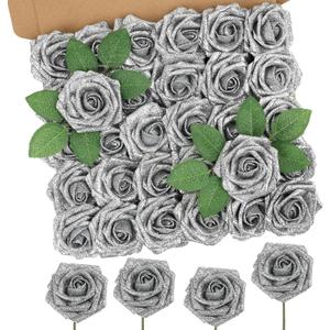 MACTING 30PCS Artificial Glitter Roses Real Touch Fake Flowers with Stem Soft Foam Roses for DIY Wedding Bouquet Table Centerpieces Party Holiday Wreath Home Mothers Day Decorations(Silver)