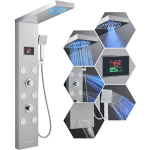 Stainless Steel Shower Panel Tower System with LED lights(No battery need), Hydroelectric LED Rainfall Shower Tower System with 6 Pcs Body Jets, Brushed Nickel