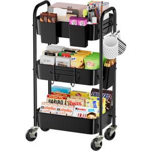 Simple Trending 3 Tier Metal Cart on Wheels, Heavy Duty Rolling Storage Cart with 3 Box and Hooks for Kitchen to Organize Books Snacks Tools, Black (Black)