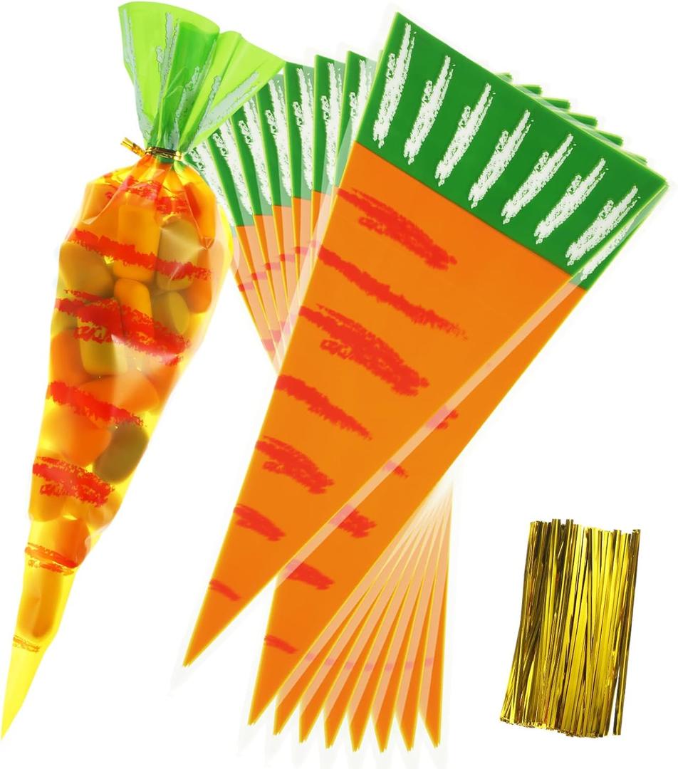Tatuo 100 Pcs Easter Carrot Bags for Treats Cone Cellophane Candy Plastic Gift Bags with 100 Pieces Gold Twist Ties for Cookies Candy Easter Party Popcorn Goodie Cookie Party Favor Decor