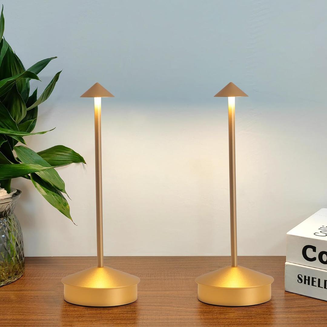 2 Pack Aluminum Cordless Table Lamp, 6000mAh Rechargeable Table Lamps, Portable Touch LED Lamp, Outdoor Waterproof Dimmable Cordless Rechargeable Table Lamps for Restaurant/Patio- Black (Gold)