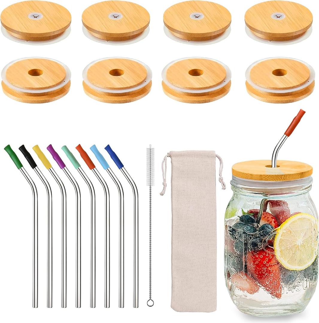 Bamboo Mason Jar Lids with Straw Hole, Stainless Steel Reusable Straws with Colored Silicone Tips, Straw Cleaner Brush and Polyester Bag, 70mm Bamboo Mason Jar Lids (Regular Mouth)