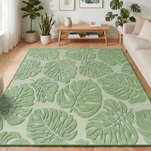 Arenarug Sage Green Monstera 8x10 Area Rugs High-Low Plush Pile Washable