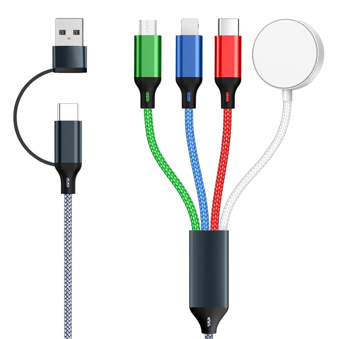 4 in 2 Multi Charging Cable for Apple Watch Charger, Travel Essentials Charger, Portable USB C/Micro USB Cord Compatible with iWatch 11-1, iPhone 17-11, iPad, Airpods, Android Phones, 4FT