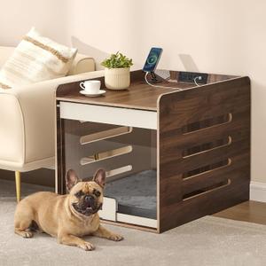Feandrea Modern Dog Crate Furniture with Charging Station, Medium Kennel Indoor with Flip-up Hidden Acrylic Door, for Small and Medium Dogs up to 45 lb, Pet Side End Table Cage, Natural Walnut (23.8"L x 31.5"W x 24.8"H)