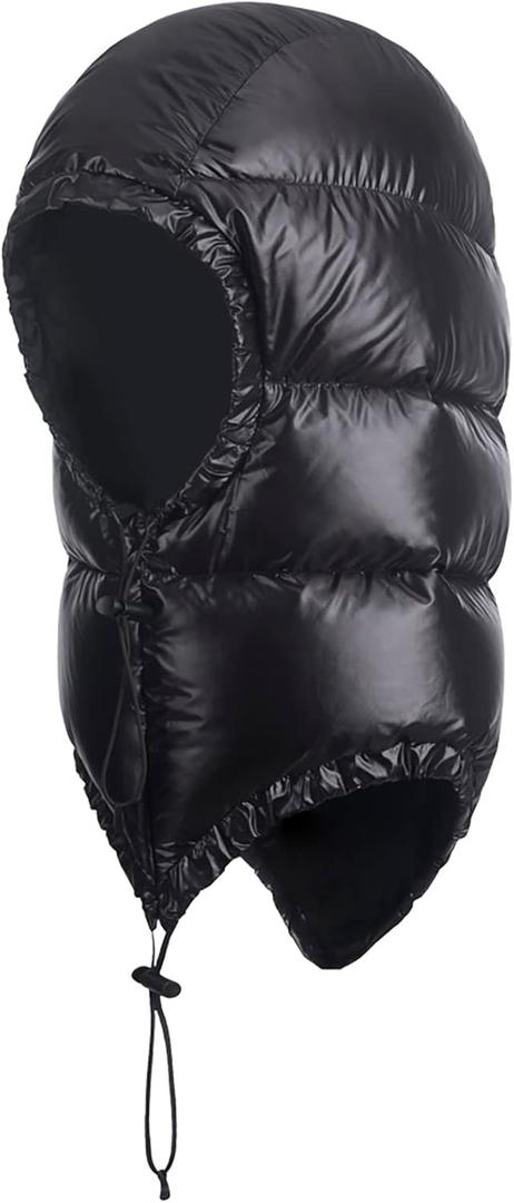 Winter Warm Ultralight Down Hood Waterproof Sleeping Bag Outdoor Camping Windproof Down Cap Hat with Storage Bag (Medium, Dark Black)