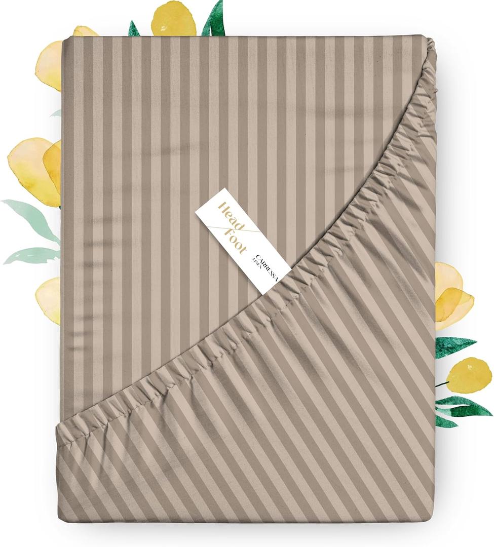 Carressa Linen 100% Egyptian Cotton Deep Pocket California King Striped Fitted Sheet Only - 800 Thread Count Luxury Damask Cal King Fitted Sheet, Soft, Cooling Bottom Sheet 16" Deep Pocket - Taupe