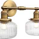 2-Lights Industrial Glass Wall Sconces, Antique Brass Clear Striped Globe Shade Wall Light Fixture for Bathroom Vanity, Bedroom, Dining Room, Living Room, Farmhouse, Stairs