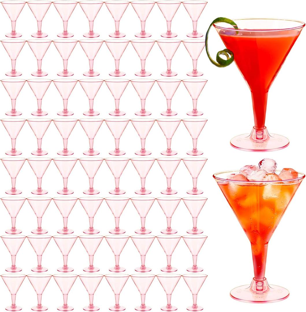50 Pack Plastic Martini Glasses,7 oz Clear Disposable Cocktail Cups,Reusable Tall Stemmed Wine Shooter Glasses for Party Wine,Champagne,Margarita(Pink)