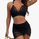 Blooming Jelly Women's High Waisted Bikini Sets Tummy Control Swimsuits Curvy Mesh Swim Skirt M