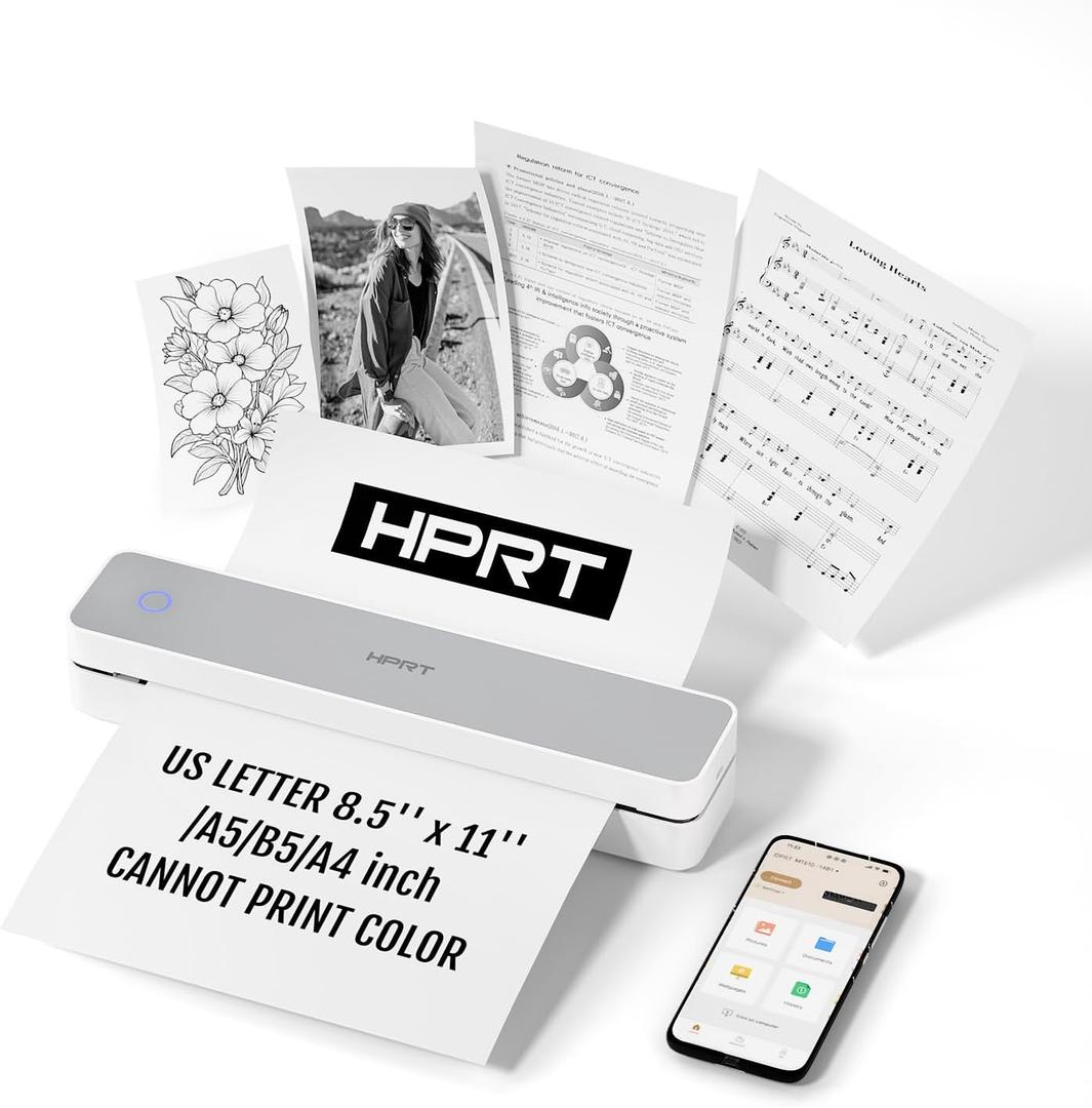 HPRT Portable Thermal Printer for Travel, Inkless Printer Support 8.5" X 11" US Letter & A4 A5, Bluetooth Wireless Printer Compatible with iOS, Android, Laptop for Car, Office, Outdoor, School, White