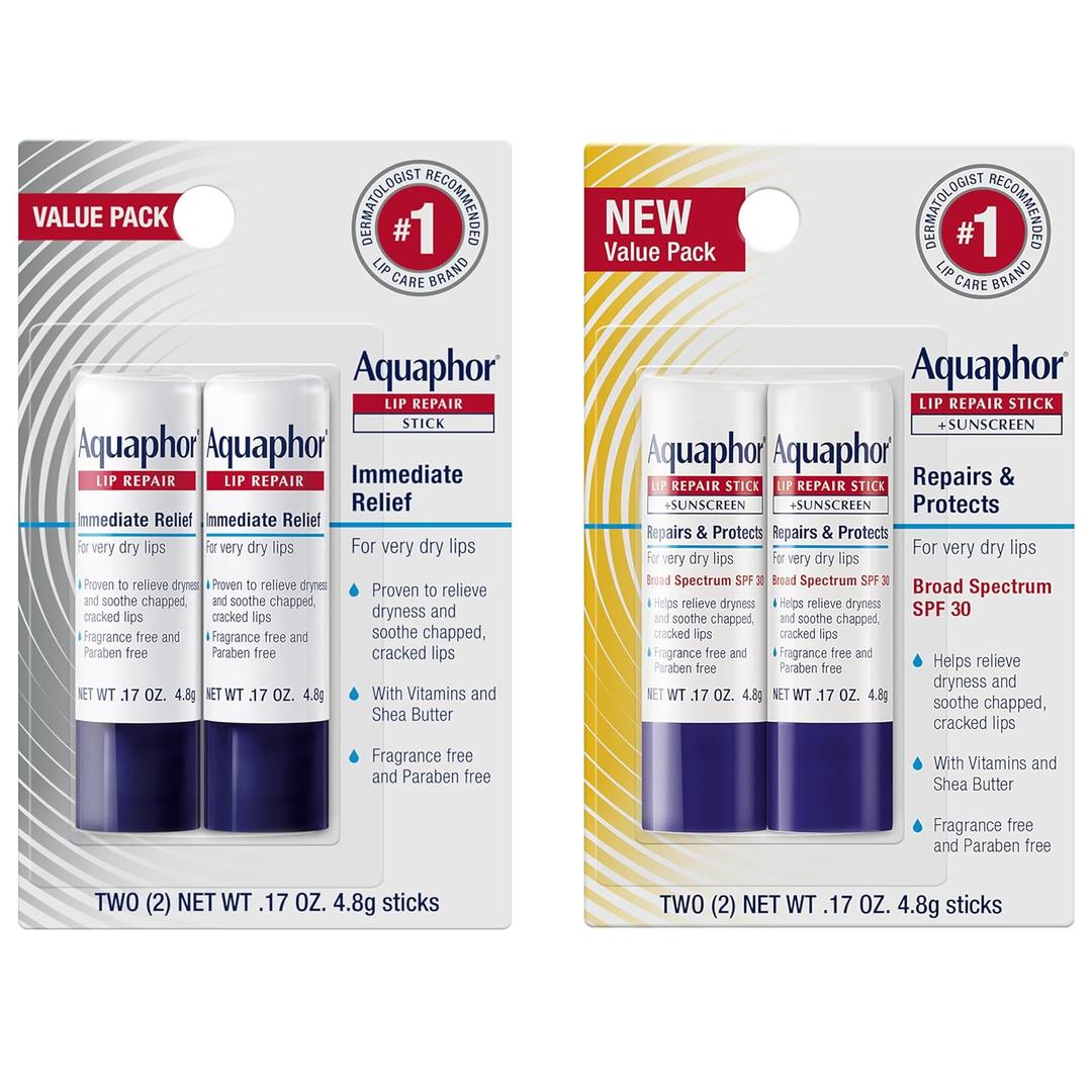 Aquaphor Lip Balm Set with Jojoba Oil and Shea Butter, Lip Repair Stick (2 x 0.17 Oz) + Repair Stick with Sunscreen SPF 30 (2 x 0.17 Oz), Fragrance Free, Paraben Free, Immediately Relieves Dryness