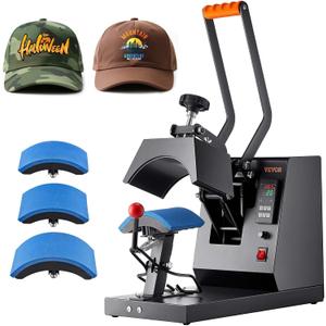 VEVOR 4-in-1 Heat Press Machine for Hats with 6x3inches Curved Teflon-Coated Heat Plate, Easy Temperature Control Non-Slip Base, Four Replaceable Elements 6x3/6.7x2.7/6.7x3.8/8.1x3.5inches