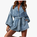 Lantern Long Sleeve Denim Romper for Women Elastic Waist Tie Front Short Jean Jumpsuit without Pocket, size -M