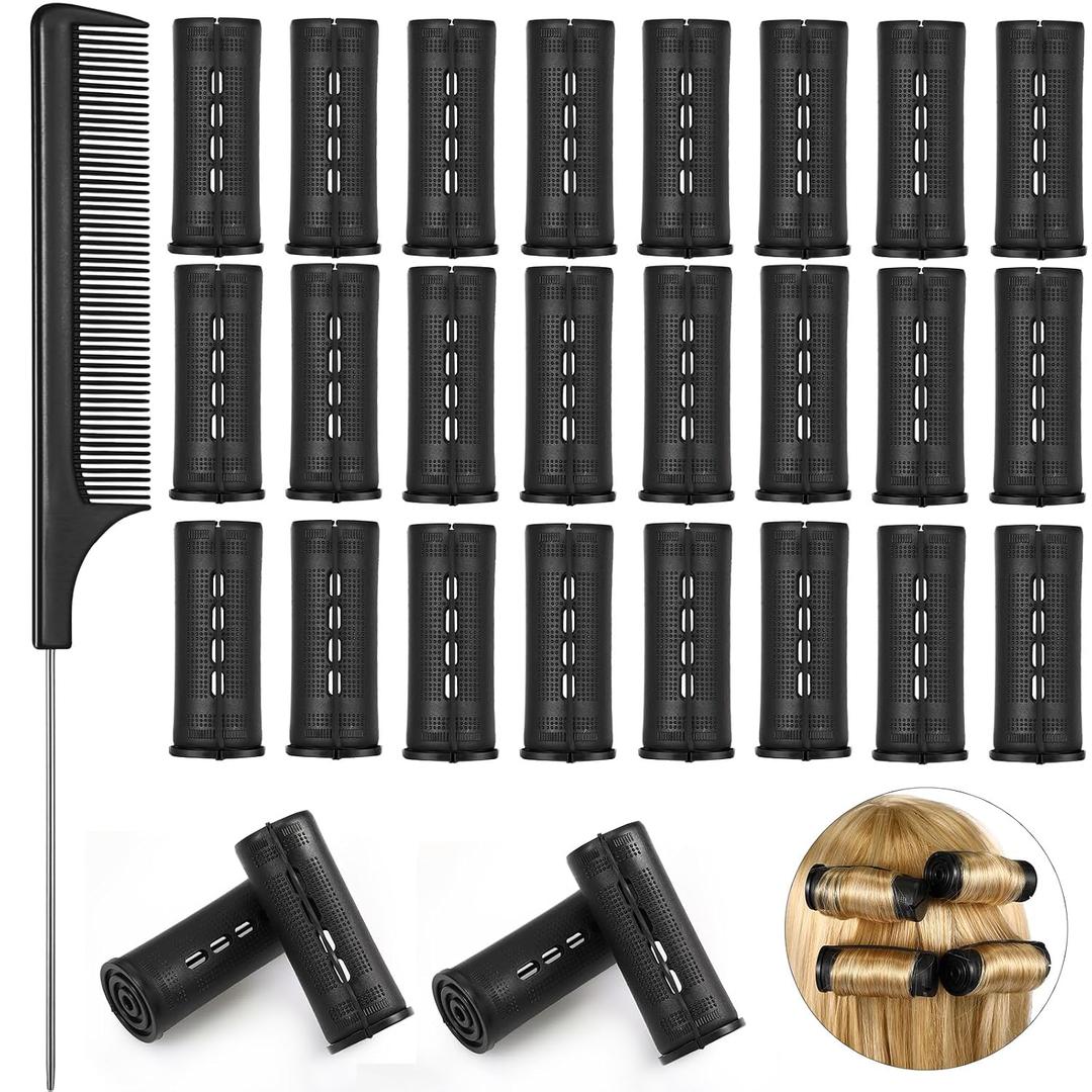 Chuangdi 24 Pcs Hair Perm Rods Plastic Cold Wave Perming Curlers Hair Rollers with Steel Pintail Comb Rat Tail Comb Tools for Hairdressing Styling(Black,1.18 Inches)