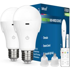 CordlessGlow 15W E12 Rechargeable Light Bulbs with Remote, 3 Color Temperatures and Dimmable Battery Light Bulb, Touch Control + 4 Timing + USB Rechargeable Battery Powered Light Bulb, 2Pack