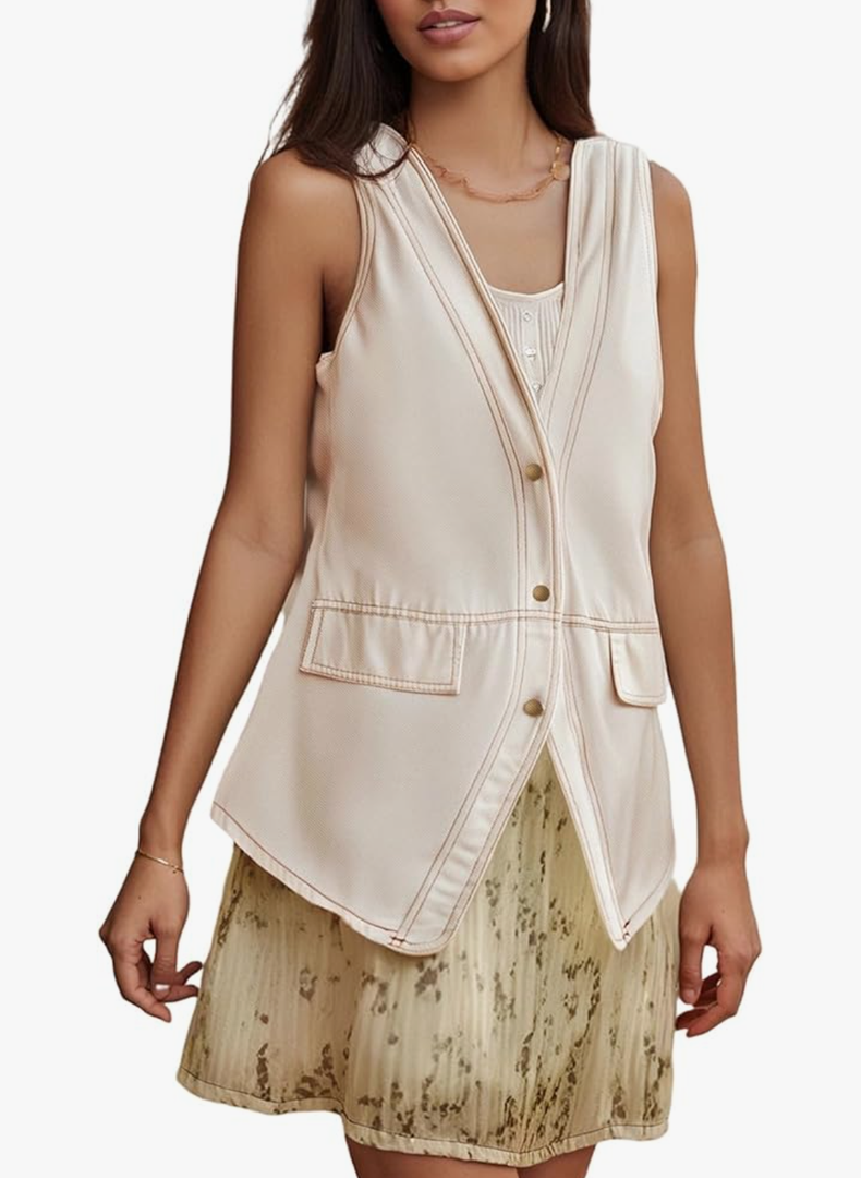 Women Y2K Dressy Denim Waistcoat Vest Sleeveless V Neck Button Down Vintage Fairy Grunge Bustier Cropped Top L