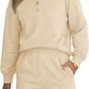 FUPHINE Women 2 Piece Outfits Sweatsuit Long Sleeve Button Down Pullover and Shorts Set with Pockets, L
