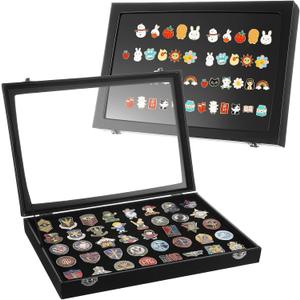 2 Pack Enamel Pin Display Case with Stand 13.77 x 9.44 Black Shadow Box for Pins, Badges & Jewelry Dustproof Glass Frame with Flannel Backing & Wooden Stand
