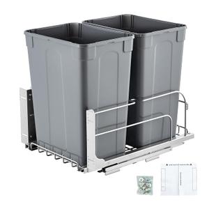 VEVOR Pull-Out Trash Can, 35 QT x2 Double Under Mount Kitchen Waste Container, Heavy Duty Garbage Recycling Bin with Door Kit and Soft Close Slide, for Kitchen Cabinet, Sink, Under Counter (Grey)