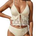 ZAFUL Womens Mesh Tankini Swimsuits Flowy Two Piece Bathing Suit V Neck Layered Ruffle Tie Front High Cut Cheeky Swimwear, Size XL