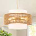 23.6" Boho Rattan Chandelier, 6-Light Large Rattan Pendant Light with Fabric Lampshade, Hand Woven Rattan Light Fixtures Farmhouse Boho Chandeliers for Dining Room, Living Room, Kitchen Island, Foyer