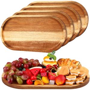 Yaomiao 4 Pcs Acacia Wooden Serving Tray Oval Shaped Rustic Wood Plates Large Decorative Natural Tray Serving Platter for Food Charcuterie Cheese Dish Bread Fruit Kitchen (14 x 7 Inch)