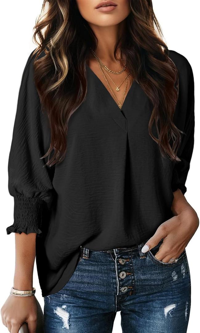 Dokotoo Dressy Tops for Women Trendy 2026 V Neck Flowy 3/4 Length Sleeve Womens Tops Business Work Fall Summer Blouses Office Shirts Women's Clothing Funeral Outfit Black Top M