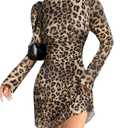 Women's Leopard Print Dress Cheetah Long Sleeve Mini Y2k Backless Mesh Party Date Bodycon Night Mini Dresses, Size M