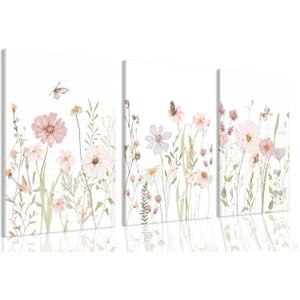 MTFBWY Floral Canvas Wall Art Flower Framed Art Prints Set of 3 Pink Wildflower Printing Botanical Nursery Pictures Wall Decor Artwork for Living Room Bedroom Bathroom 16x24in