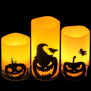 Eldnacele Halloween Flameless Candles, LED Flickering Battery Pillar Candles with 6H Timer and Pumpkin Decals, Spooky Fall Halloween Festival Party Decoration Set of 3 (D 3 x H 4 5 6)