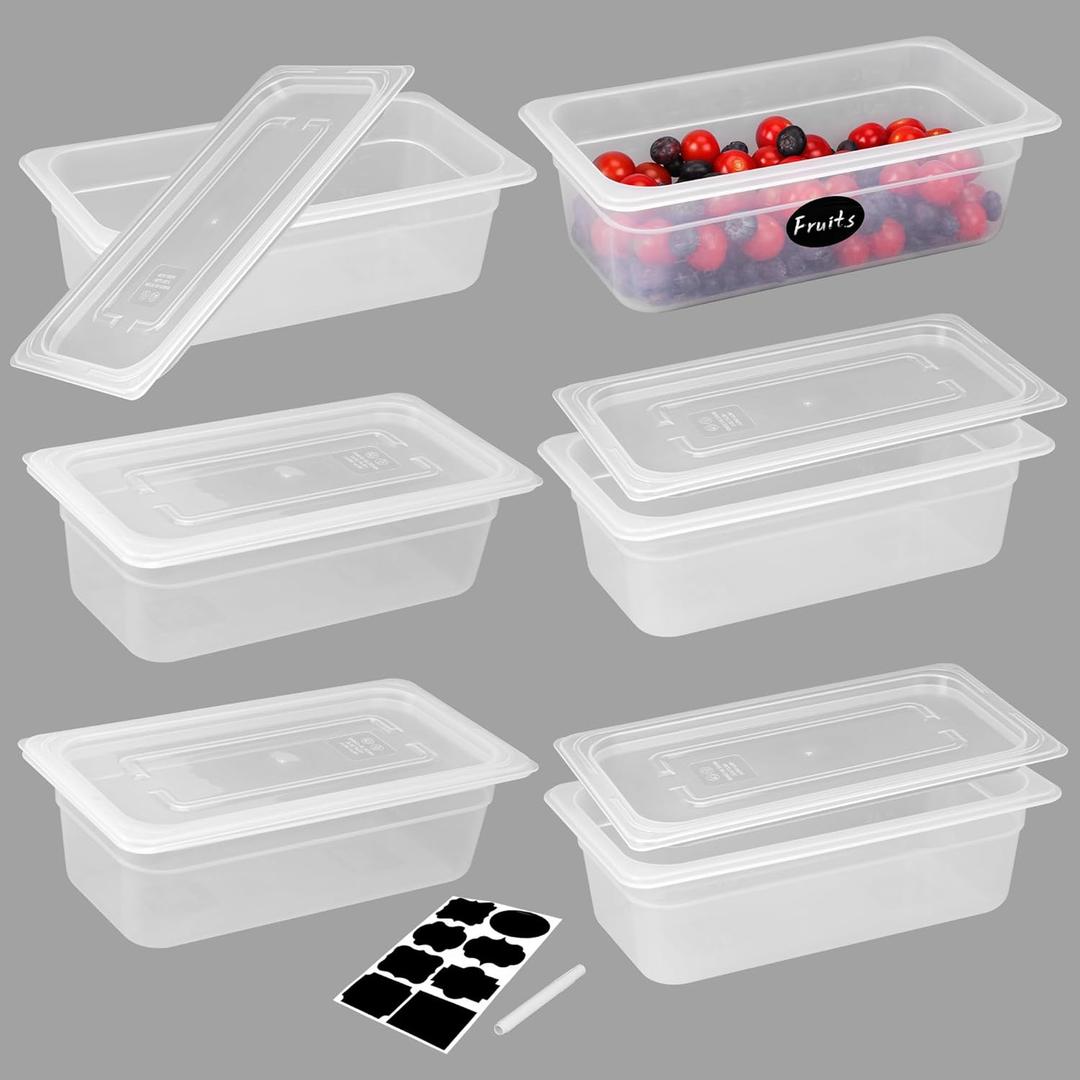 BIEAMA 6 Pack 1/3 Size 4'' Deep Food Pans with Lids, Translucent Polypropylene, BPA-free, Commercial Stackable Freezer-safe Storage for Restaurants, Buffets