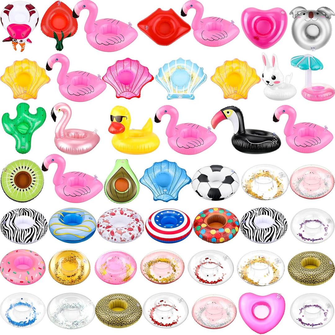 Patelai 48 Pcs Inflatable Drink Holders Drink Pool Floats Bulk Inflatable Floating Cup Holders Flamingo Coasters for Swimming Pool Summer Party Supplies Beverage Accessories